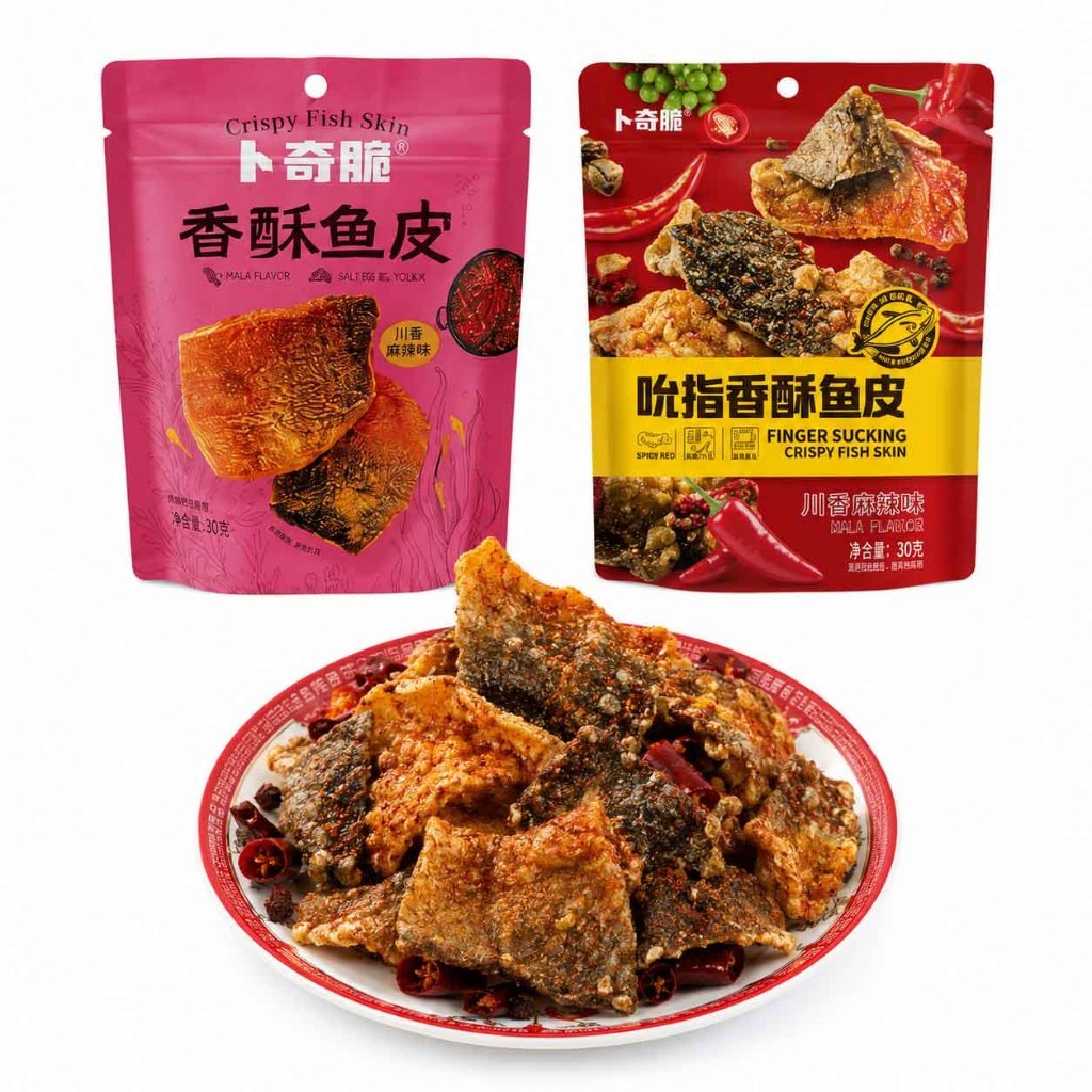 [新货亏卖冲销量] 卜奇脆 香酥鱼皮 巴沙鱼皮 川香麻辣 咸蛋黄味 酥脆 网红追剧 解馋 休闲零食 Salted Egg Fish Skin Snack (30g)