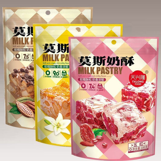 [新货亏卖冲销量] 天兴隆 莫斯奶酥 肉松 巧克力 五红味糕点 雪花酥 下午茶 独立包装 休闲零食 Snowflake Crispy Milky Pastry (100g)