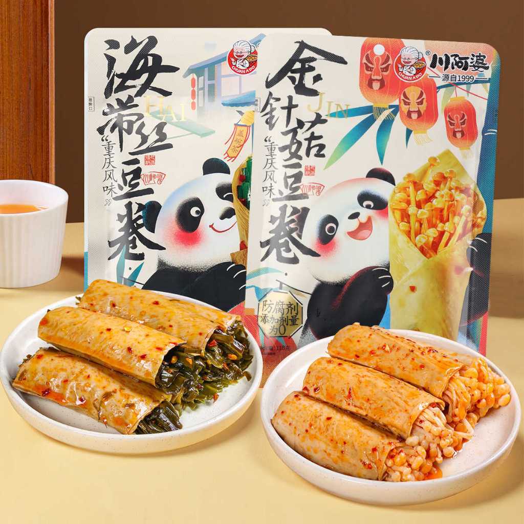 [新货亏卖冲销量] 川阿婆 香辣金针菇 豆卷组合 即食豆皮 海带杏鲍菇 麻辣休闲零食 饱腹小吃 Spicy Mushroom & Bean Skin Rolls Ready to Eat (118g)